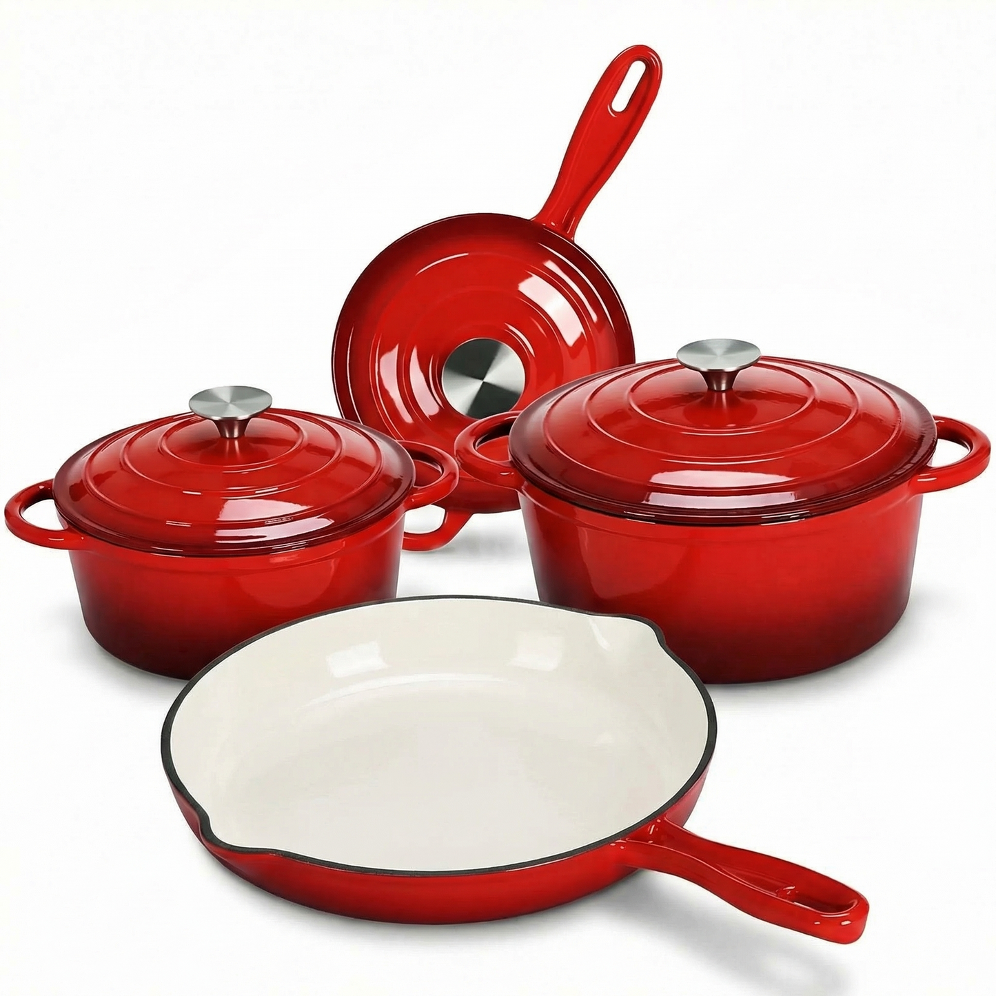 LIFERUN Nonstick Enameled Cast Iron Cookware Set, 7Pcs Pots and Pans, Gas/Induction Dutch Oven Set, Red