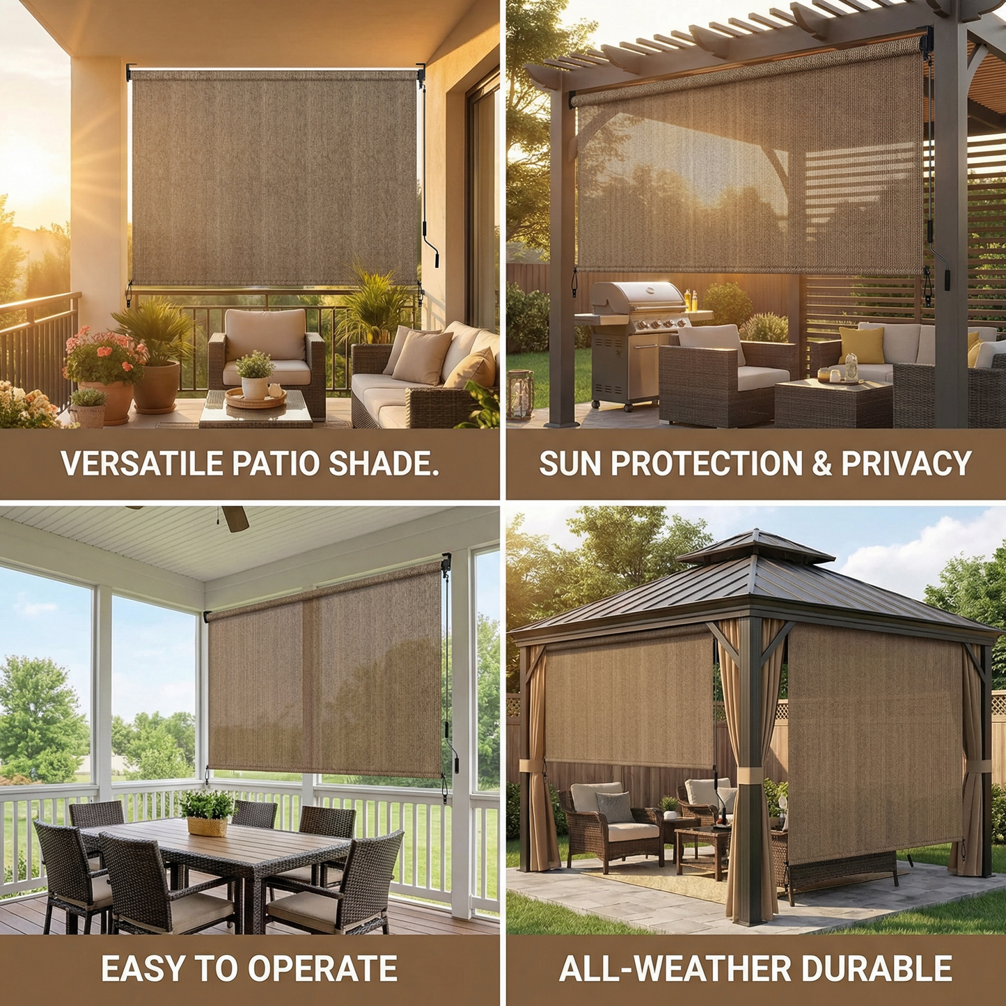 LIFERUN Outdoor Roller Sun Shade 8' W x 6' H, HDPE Shade Cloth, Aluminum Tube with Cordless Wand Crank Operation, Sunshade for Outdoor Pergola Patio, Porch, and Garden