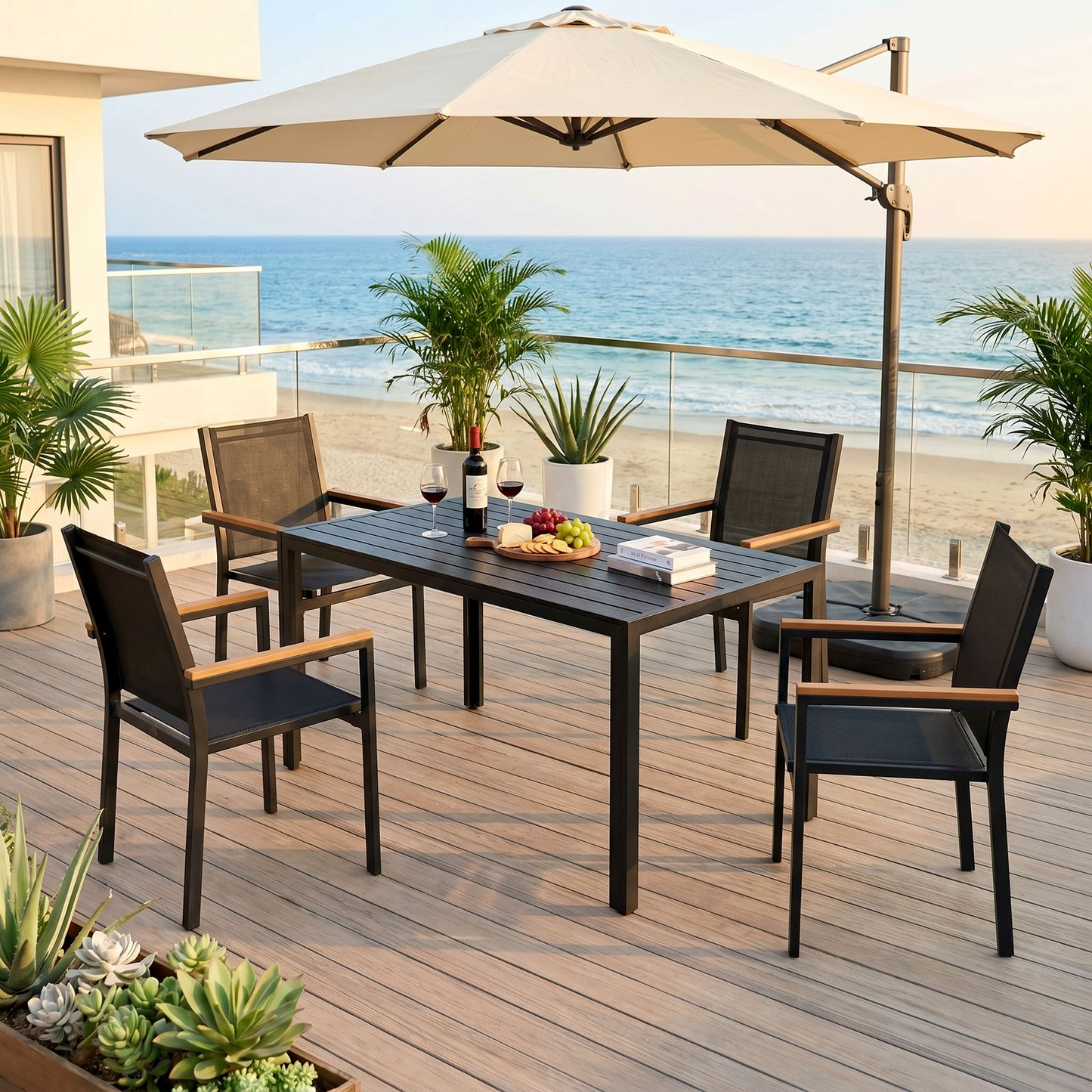 LIFERUN 5-Pieces Outdoor Dining Set, Patio Dining Table Set with 4 Stackable Aluminum Chairs, 43×27.6in Rectangle Table with Wooden-Like Top and Aluminum Frame, for Garden, Patio, Poolside, Black