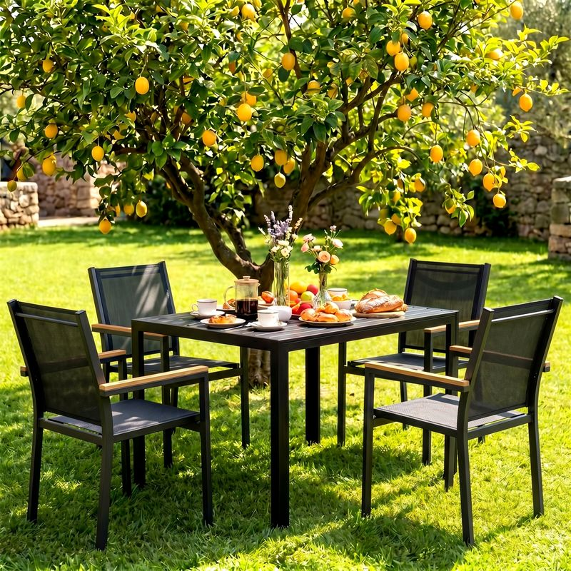 LIFERUN 5-Pieces Outdoor Dining Set, Patio Dining Table Set with 4 Stackable Aluminum Chairs, 43×27.6in Rectangle Table with Wooden-Like Top and Aluminum Frame, for Garden, Patio, Poolside, Black