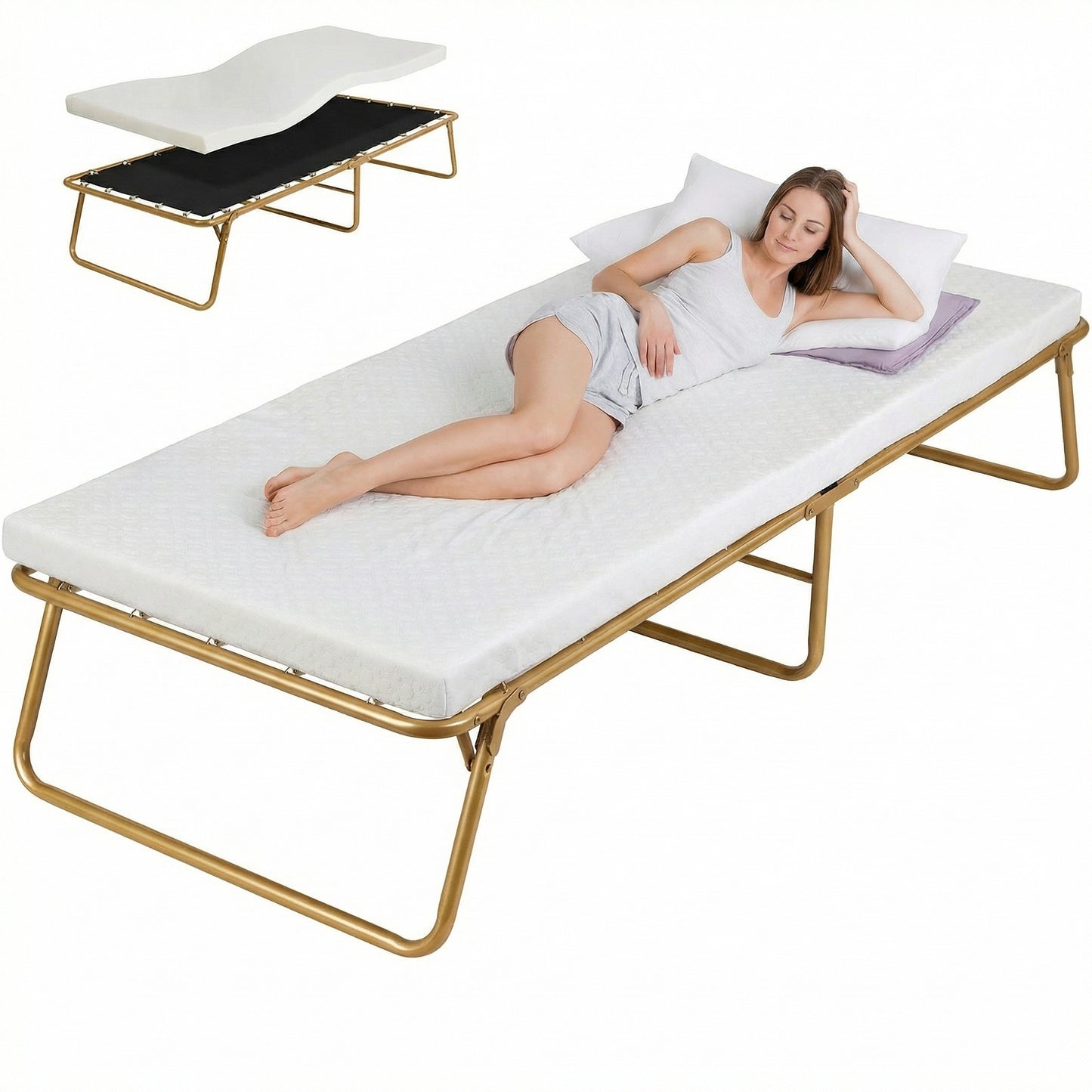 LIFERUN Folding Bed with Memory Foam Mattress for Adults,Portable Bed with Metal Frame, for Bedroom,Office,Camp,No Assembly Required (75" x 31"x14")