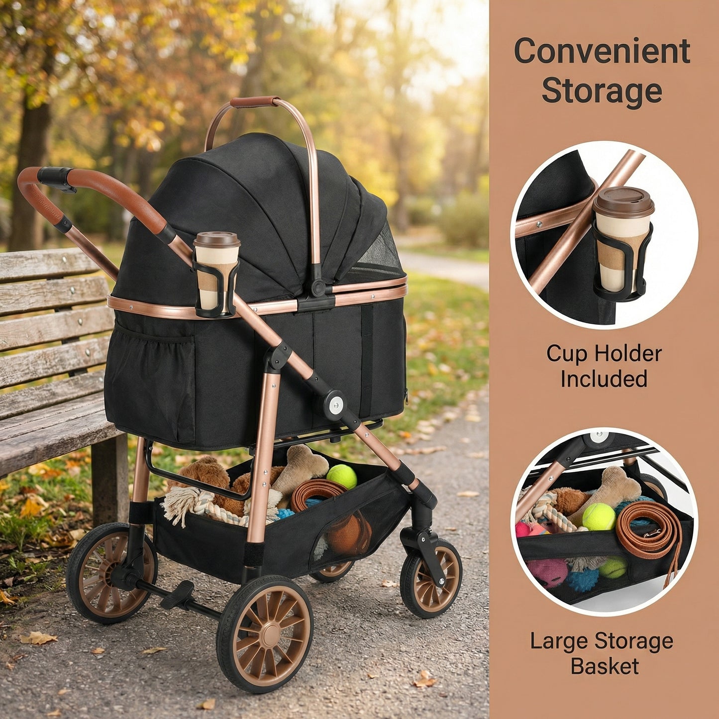 LIFERUN Foldable 4 Wheels Pet Stroller for Small/Medium Dogs Cats up to 55lbs, 3-in-1 Dog Stroller, Detachable Carrier and One-Click Folding Design, Travel Puppy Cart
