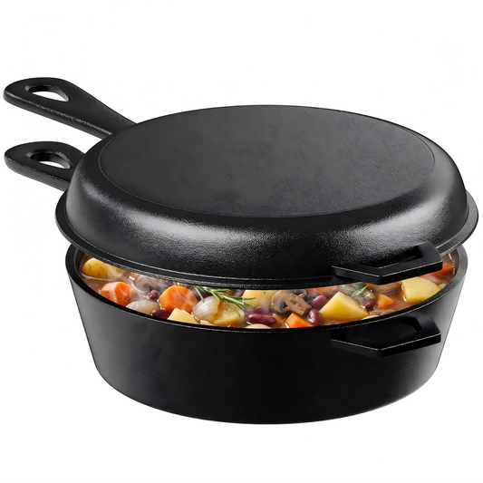 LIFERUN 2-in-1 Cast Iron Dutch Oven Pot, with Skillet & Lid - 2.9 Qt Deep Pot + 1.27 Qt Frying Pan, Easy Clean, for Oven, Stove, Grill, Campfire