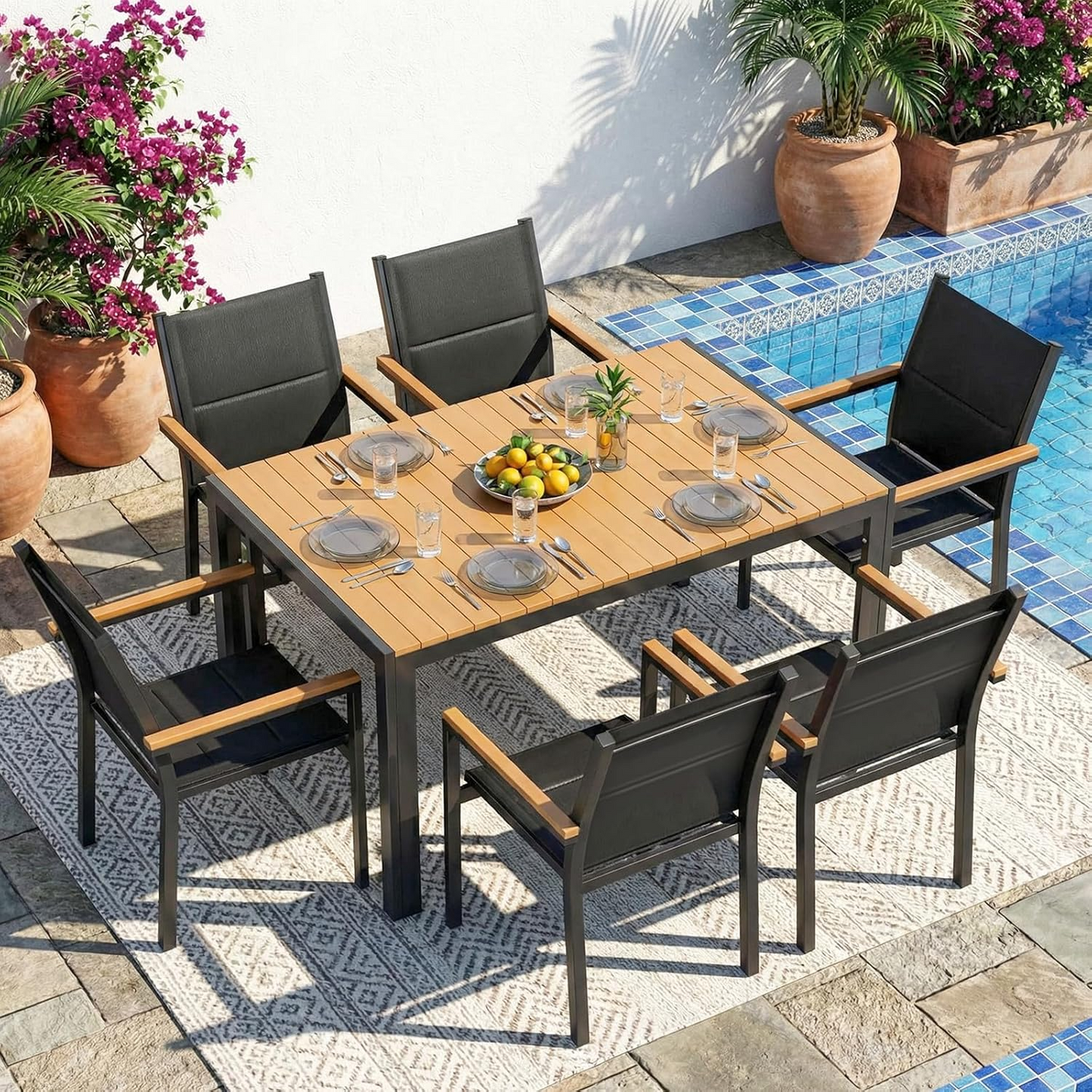 LIFERUN Patio Chairs Set of 6, Stackable Aluminum Outdoor Chair with Quilted Textilene & WPC Handrail, 17" Seat Height, All Weather Chair for Patio, Balcony, Poolside & Restaurants, Black