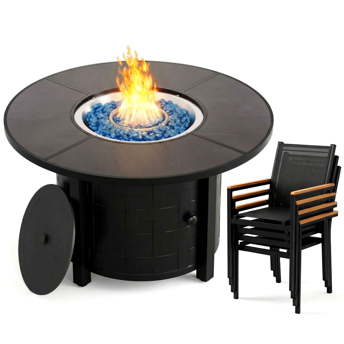 LIFERUN 42 in Propane Fire Pit Table with 4 Stackable Aluminum Dining Chairs– 50,000 BTU Round Fire Pit with Lid, Converts to Patio Coffee Table, for Poolside, Balcony, Terrace (Brown)