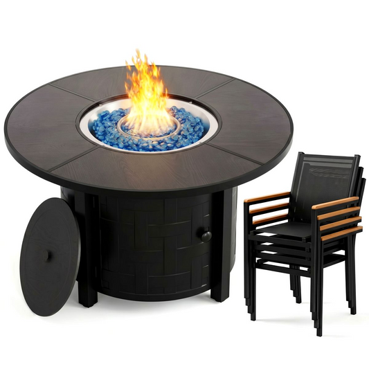 LIFERUN 42 in Propane Fire Pit Table with 4 Stackable Aluminum Dining Chairs– 50,000 BTU Round Fire Pit with Lid, Converts to Patio Coffee Table, for Poolside, Balcony, Terrace (Brown)