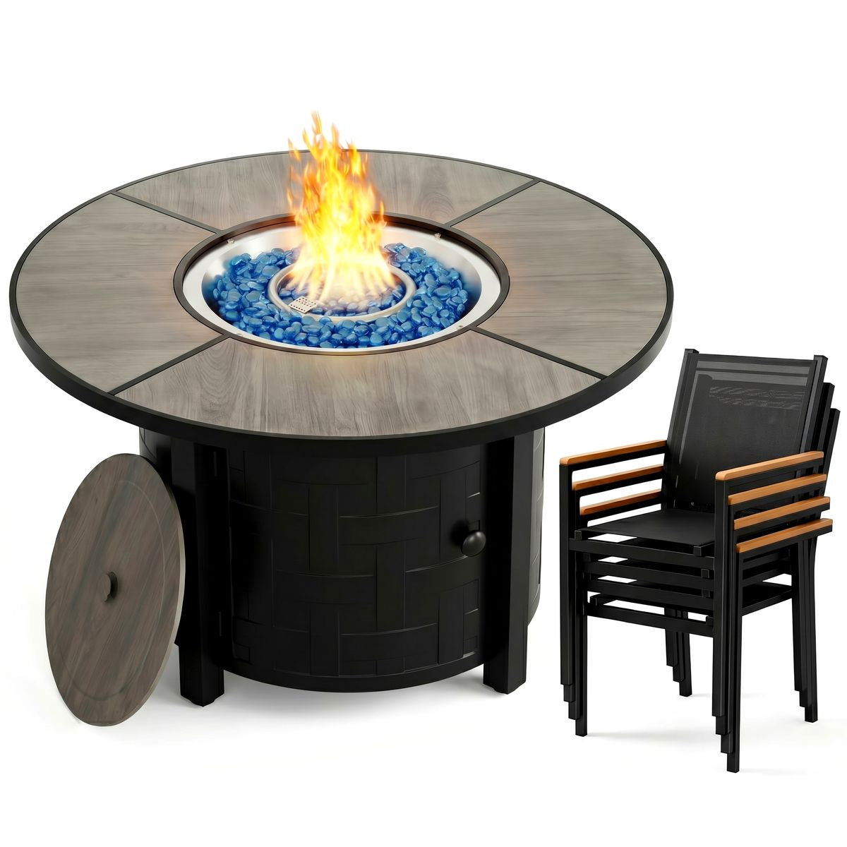 LIFERUN 42 in Propane Fire Pit Table with 4 Stackable Aluminum Dining Chairs– 50,000 BTU Round Fire Pit with Lid, Converts to Patio Coffee Table, for Poolside, Balcony, Terrace (Brown)